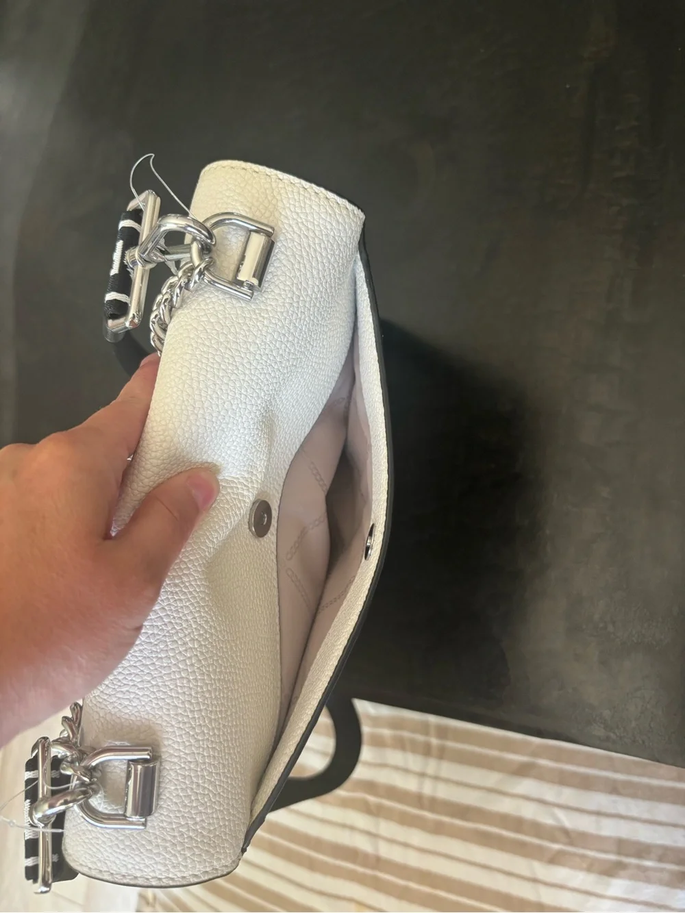 Michael Kors White and Black Pebbled Leather Shoulder Bag with Logo Strap